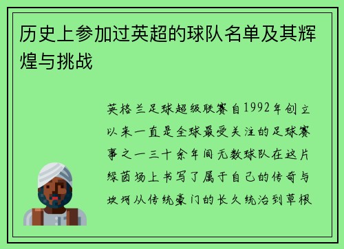历史上参加过英超的球队名单及其辉煌与挑战
