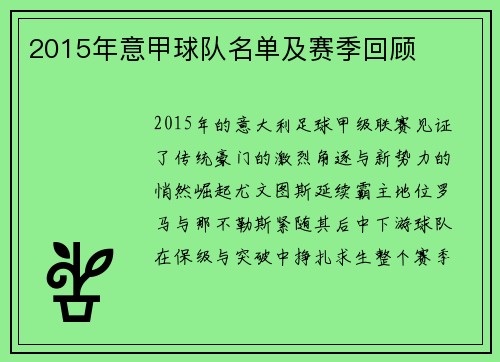 2015年意甲球队名单及赛季回顾